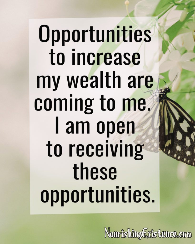 Opportunities to increase my wealth are coming to me.  I am open to receiving these opportunities. Affirmations for wealth.