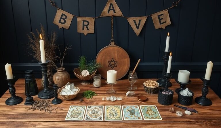 dark wall, wooden table, wall decoration that says "brave". candles, tarot cards, and crystals on the table for this sacred space for shadow work