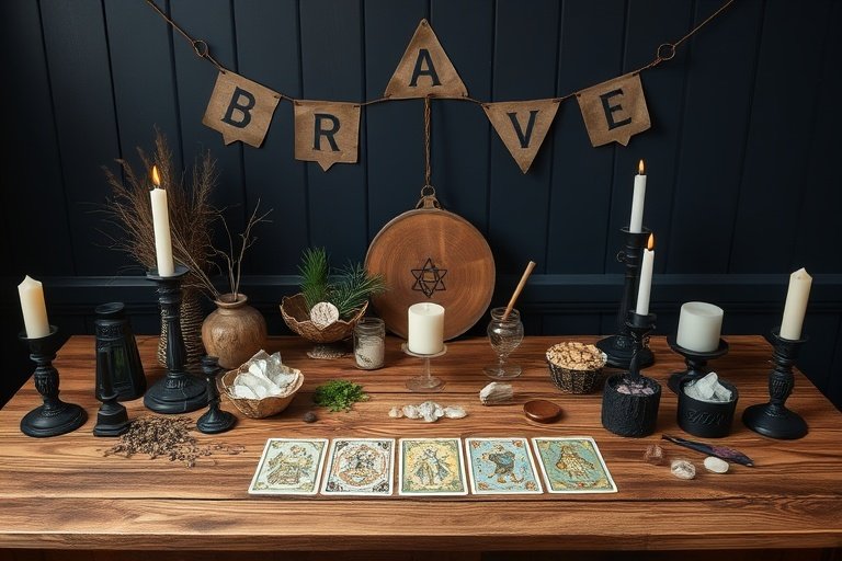 dark wall, wooden table, wall decoration that says "brave". candles, tarot cards, and crystals on the table for this sacred space for shadow work