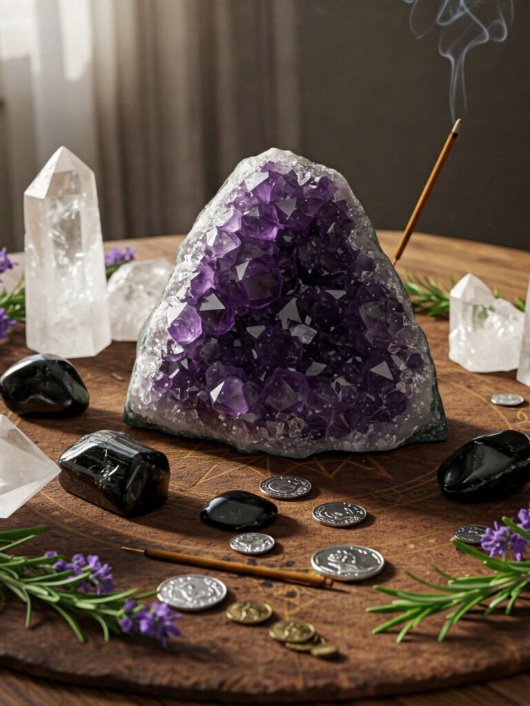 an amethyst cluster sitting on a wooden table surrounded by quartz, black tourmaline, rosemary, lavender, silver coins, and there is a lit incense stick
